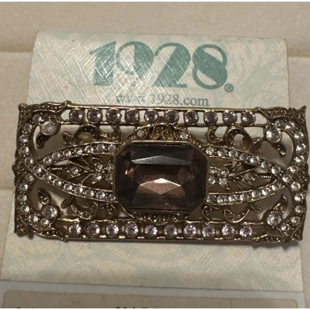 1928 Art Deco Purple Glass Brooch Gold Tone Crystal Pin Victorian Marcasite